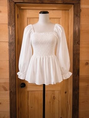 White Smocked Peplum Blouse - Women's Top